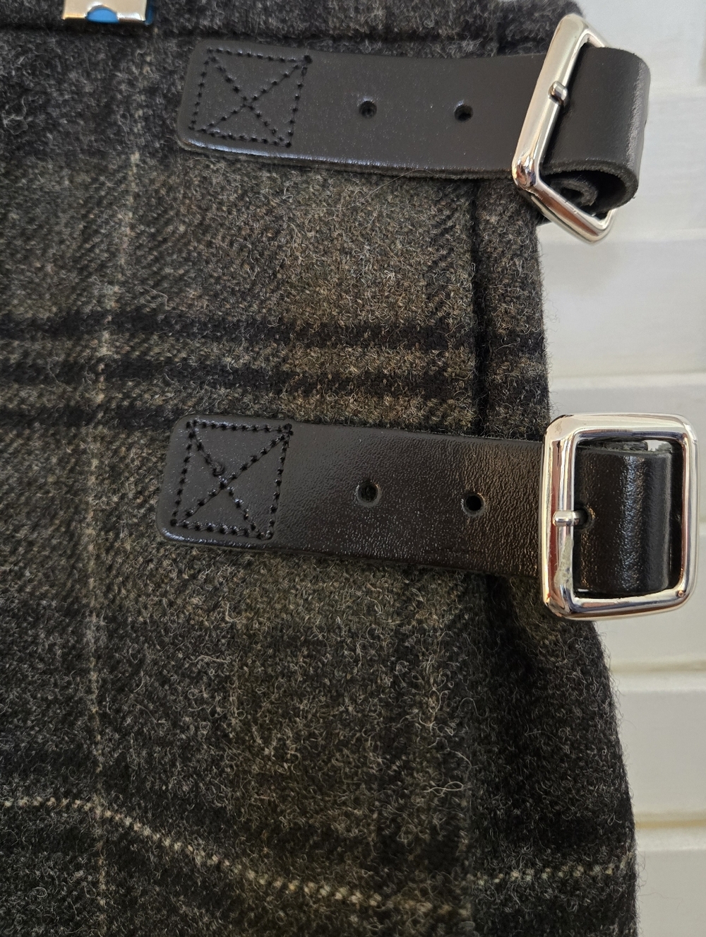 Women's Olive Green Plaid A-Line Skirt with Side Buckles, 100% Wool - Picture 2 of 5